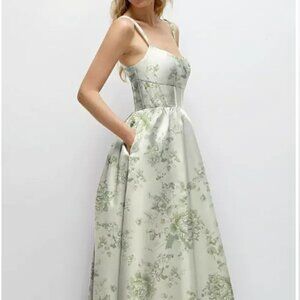 Dessy Scoop Neck Inset Corset Floral Satin Maxi Dress with Pockets